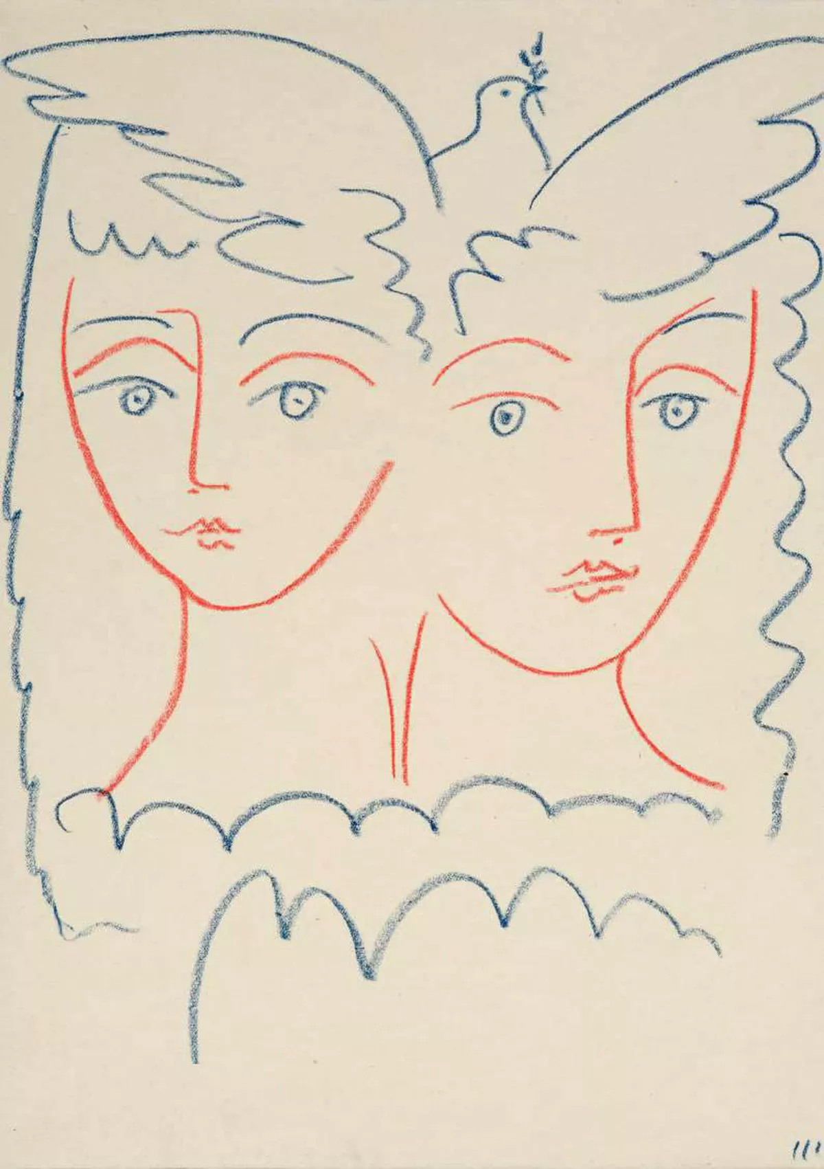 Пабло Пикассо. «Две фигуры и голубь». 1956 г. Рисунок выполнен синим и красным цветными карандашами на бумаге.