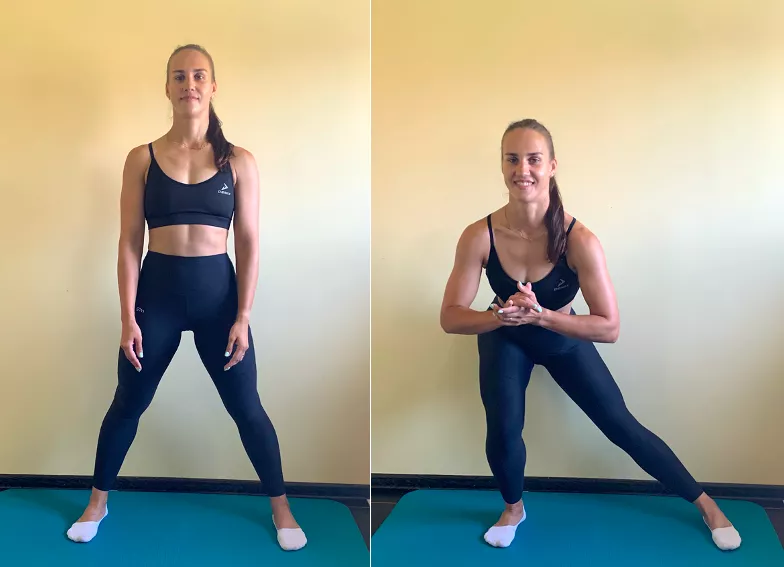 Латеральные выпады из широкой постановки ног – полезное, но сложное упражнение, его лучше выполнять с опорой