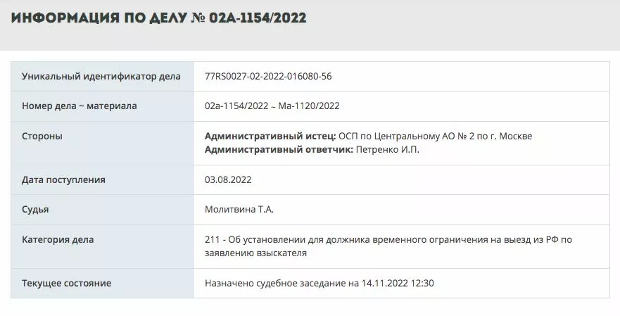 Карточка на сайте Мосгорсуда