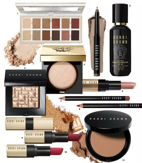 1. Палетка теней для век Golden Illusion Eye Shadow Palette. 2. Устойчивые тени для век Long-Wear Cream Shadow Stick (Golden Bronze). 3. Ухаживающий тональный крем Intensive Serum Foundation SPF 40 (Natural). 4. Компактная пудра для придания сияния Highlighting Powder (Bronze Glow). 5. Тени для век Luxe Eye Shadow (Moonstone). 6. Помада для губ Luxe Lip Color (Pink Nude). 7. Карандаш для губ Lip Pencil (Cocoa). 8. Карандаш для губ Lip Pencil (Red). 9. Матовая помада для губ Luxe Matte Lip Color (Burnt Cherry). 10. Матовая помада для губ Luxe Matte Lip Color (On Fire). 11. Компактная пудра с эффектом загара Bronzing Powder (Natural). Все — Bobbi Brown. Продукты представлены в сети магазинов «Рив Гош» (rivegauche.ru; tsvetnoy.com)